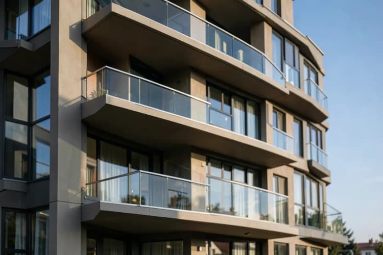Fachada de um prédio de apartamentos moderno com varandas e janelas grandes