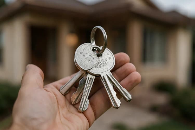Mãos segurando chaves de um apartamento novo com uma casa ao fundo desfocada