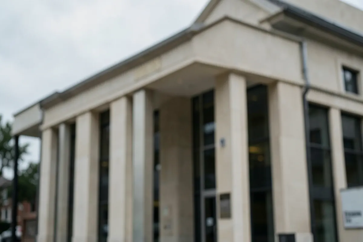 Fachada de uma agência bancária com pessoas entrando e saindo