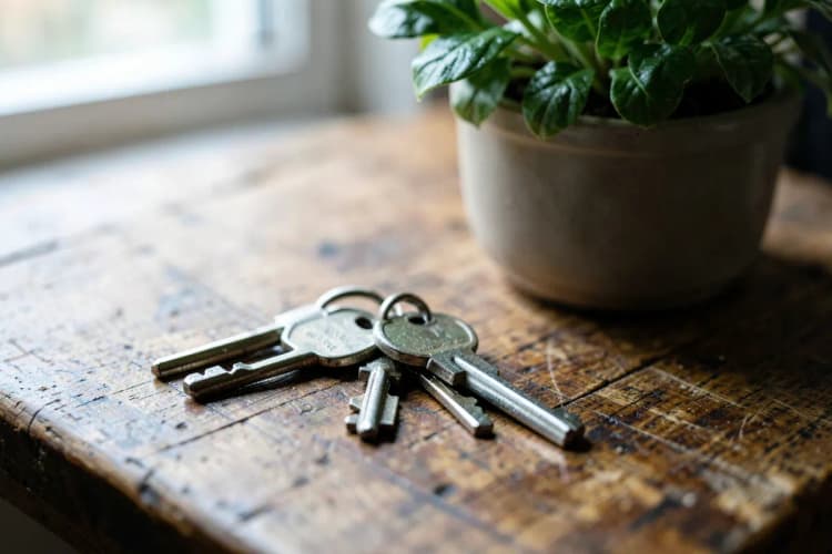 Chaves de um apartamento sobre uma mesa de madeira com uma planta ao lado