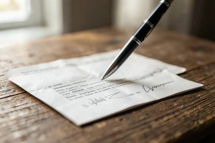 Uma pessoa escrevendo em um contrato de compra e venda de imóvel com uma caneta.