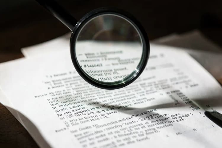 Uma lupa examinando um contrato de compra e venda de imóvel.
