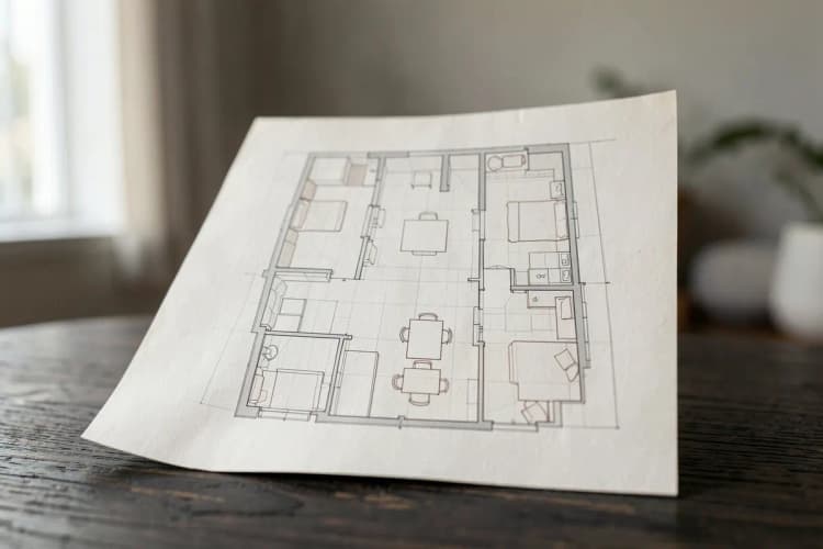 Planta baixa de um apartamento com móveis desenhados.