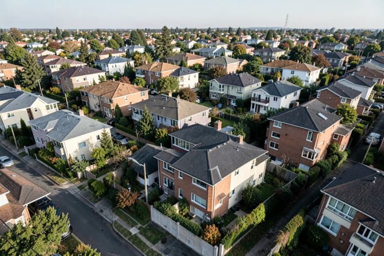 Vista aérea de um bairro residencial com casas e prédios.