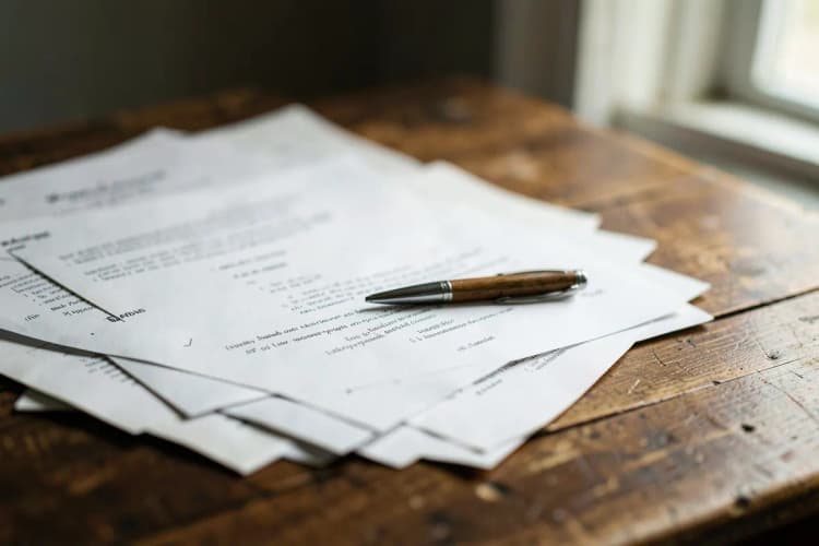 Documentos e caneta sobre uma mesa de madeira.