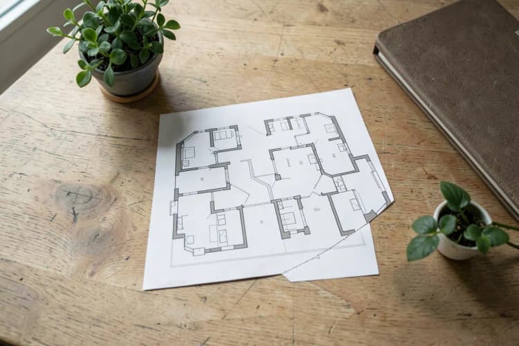 Planta baixa de um apartamento sendo analisada em uma mesa com plantas e um notebook.