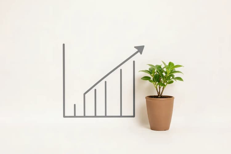 Gráfico de barras simulando crescimento financeiro com uma planta crescendo ao lado.