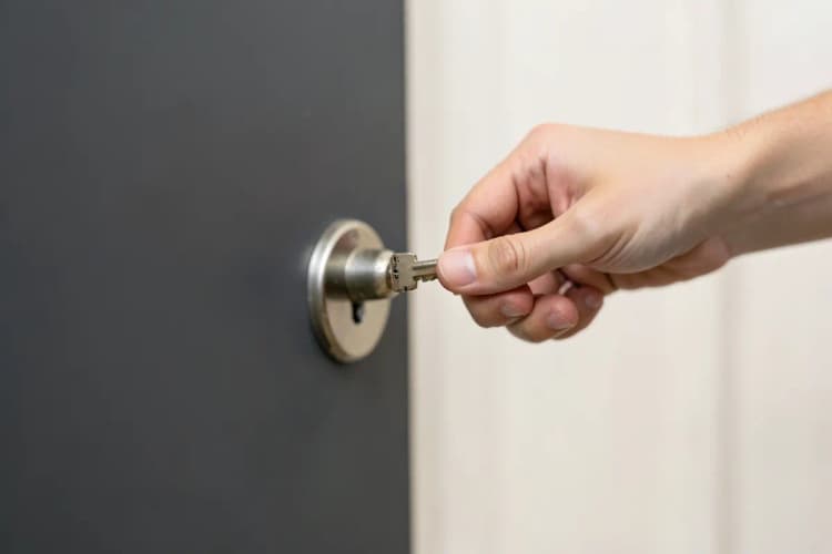 Uma pessoa colocando uma chave em uma fechadura de porta.